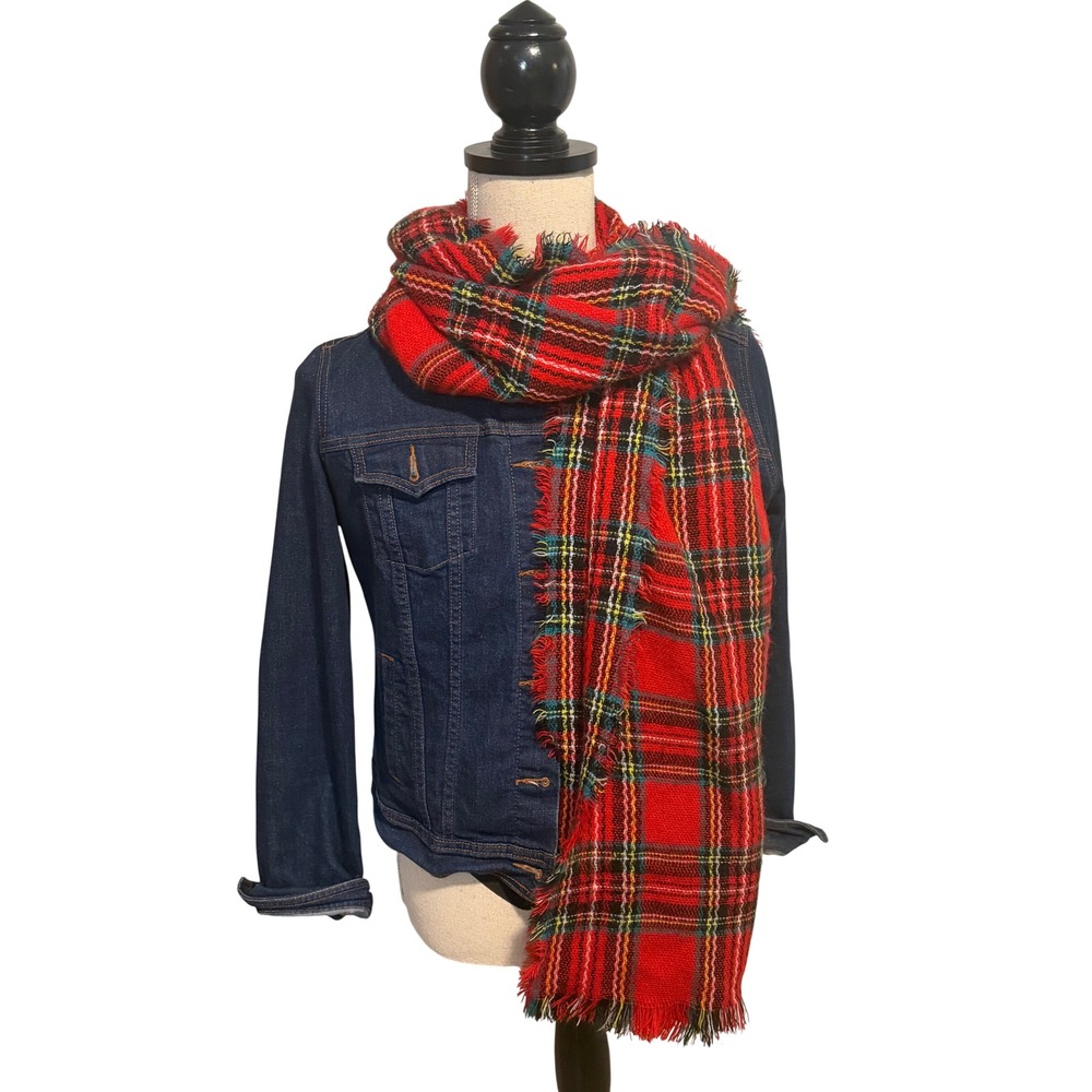 Red Plaid Blanket Scarf Festive Oversized Tartan Square Fringed Wrap Shawl